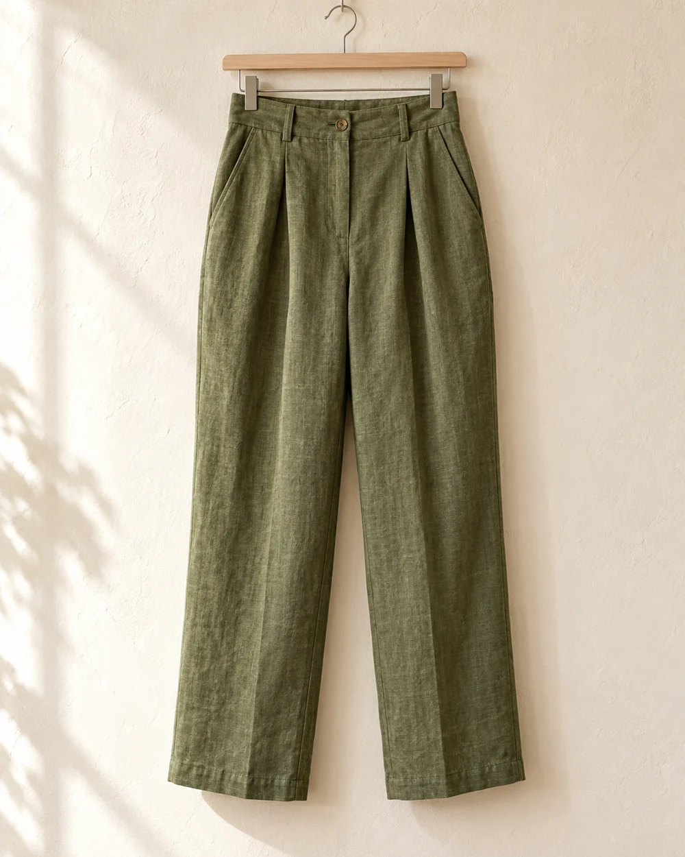 Pantalon en lin olive, visuel d’inspiration généré